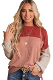 Red Color Block Long Sleeve Ribbed Loose Top