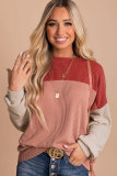 Red Color Block Long Sleeve Ribbed Loose Top