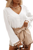 White V Neck Buttoned Tassel Bell Sleeve Shirt