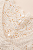Beige Buttoned Lace Patchwork Hollow Knit Sweater