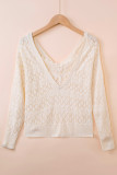 Beige Buttoned Lace Patchwork Hollow Knit Sweater