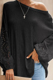 Plain Waffle Knit Embroidery Lace Sleeves Top