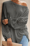 Plain Waffle Knit Embroidery Lace Sleeves Top