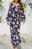 Tie Waist Puff Sleeves Floral Maxi Dress