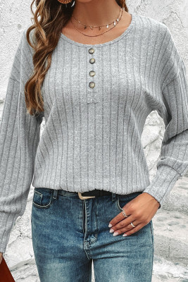 Grey Ribbed Knitting Button Long Sleeves Top