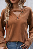 Brown Button V Neck Waffle Top