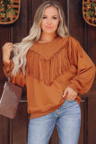 Brown Solid Color Chevron Fringe Loose Pullover Sweatshirt