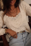 Beige Buttoned Lace Patchwork Hollow Knit Sweater