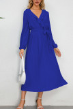 Plain Wrap V Neck Ruffles Pleated Maxi Dress