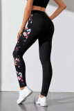 Black Floral Print Patch High Waist Leggings