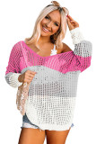 Pink Color Block Eyelet Long Sleeve Twisted Back Knit Top