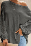 Plain Waffle Knit Embroidery Lace Sleeves Top
