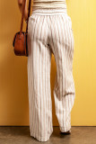 Khaki Striped Print Drawstring High Waist Casual Pants
