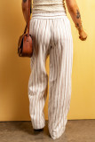 Khaki Striped Print Drawstring High Waist Casual Pants