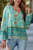 V Neck Flower Print Puff Sleeves Top