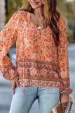 V Neck Flower Print Puff Sleeves Top