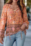 V Neck Flower Print Puff Sleeves Top