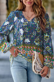 V Neck Flower Print Puff Sleeves Top