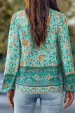 V Neck Flower Print Puff Sleeves Top
