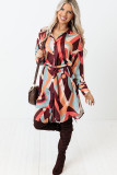 Brown Abstract Print Belted High Waist Button-up Mini Dress