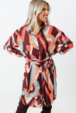 Brown Abstract Print Belted High Waist Button-up Mini Dress