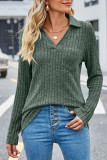 Plain Cut V Neck Rib Long Sleeves Top
