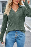 Plain Cut V Neck Rib Long Sleeves Top