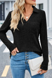 Plain Cut V Neck Rib Long Sleeves Top