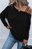 Black Asymmetric Strappy Cold Shoulder Long Sleeve Top