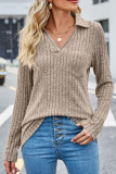 Plain Cut V Neck Rib Long Sleeves Top