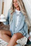 Sky Blue Waffle Knit Pocketed Button-Up Shacket