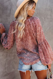 Red Pleated Lantern Sleeve Abstract Print Blouse