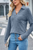 Plain Cut V Neck Rib Long Sleeves Top