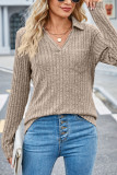 Plain Cut V Neck Rib Long Sleeves Top