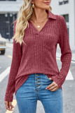 Plain Cut V Neck Rib Long Sleeves Top