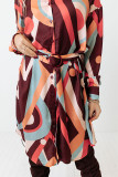 Brown Abstract Print Belted High Waist Button-up Mini Dress