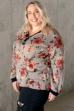 Gray Floral Long Sleeve Plus Size Henley Top