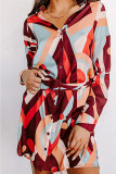 Brown Abstract Print Belted High Waist Button-up Mini Dress