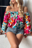 Multicolor Floral Print Off Shoulder Wide Sleeve Blouse