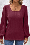 Plain Square Neck Puff Rib Long Sleeves Top