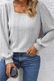 Plain Square Neck Puff Rib Long Sleeves Top