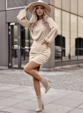 Apricot Tactile Texture Ruched Side Bubble Sleeve Knit Dress