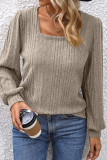 Plain Square Neck Puff Rib Long Sleeves Top