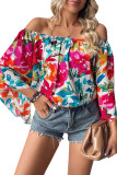 Multicolor Floral Print Off Shoulder Wide Sleeve Blouse