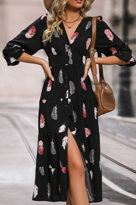 Black Feather Print Split Maxi Dress