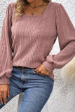 Plain Square Neck Puff Rib Long Sleeves Top