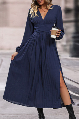Navy Wrap Waist Tie Knot Long Dress