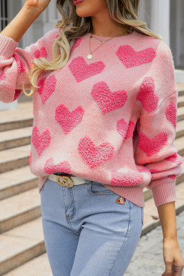 Pink Heart Knitting Pullover Sweater