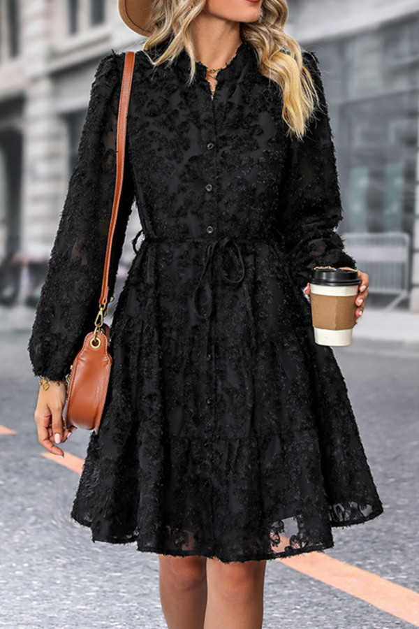 Black Jacquard Button Mini Dress