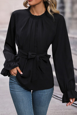 Black Frill Collar Lantern Sleeves Blouse